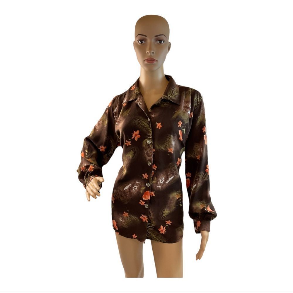 Women’s Vintage Brown Floral Button Down Long Sleeve Blouse Shirt Size Medium